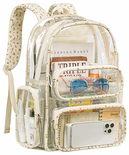 CAMTOP Clear Backpack Heavy Duty Transparent Bag See Through BookBag for Student School Work Festival Sport Travel (Beige Flower) - color: Beige Flower, size: Medium-17‘’
