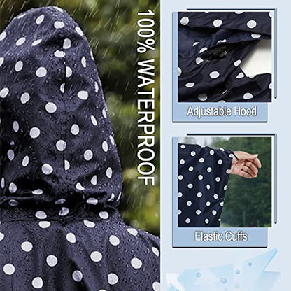 Fashion Hooded Rain Poncho Waterproof Raincoat Jacket with pocket for Women/Men/Adult - color: A-blue Dot