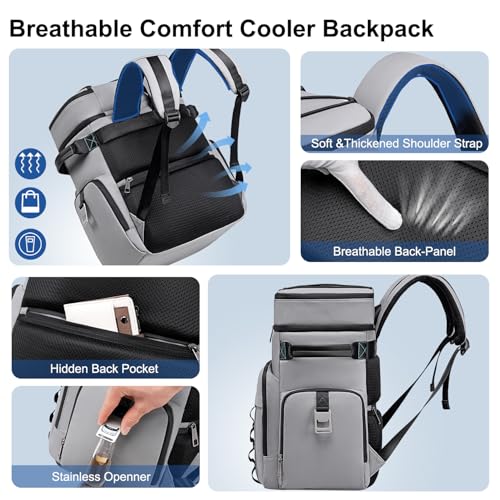 Weitars Insulated Cooler Backpack,Double Deck Waterproof Soft Cooler Bag,Backpack Coolers Leak Proof Lunch Backpack for Men Women for Travel,Camping,Picnic,Beach,Picnic,Outdoor 31L/52 Can - color: Gray