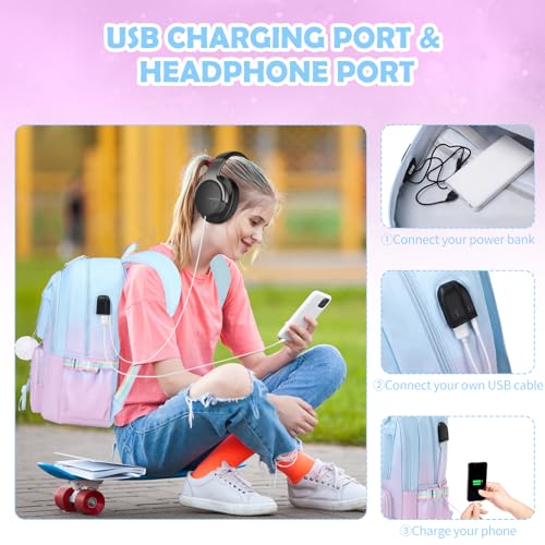ACESAK Backpacks for Girls, Girls Backpack with Lunch Box and Pencil Case for Teen Kids Elementary Middle High School College Student, Children Backpack Bookbag with USB Charging Port (Blue-purple) - color: Blue-to-purple Gradient
