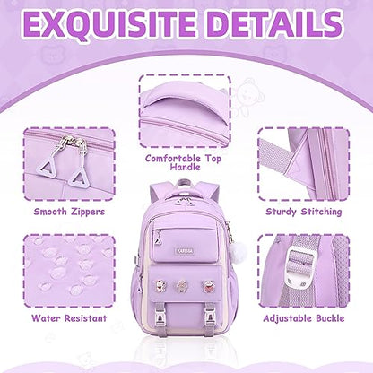 PIG PIG GIRL Girls Backpack, Kids Backpack for Girls with Anti-theft Back Pocket, Lightweight School Back Pack Water Resistant Bookbag for Elementary Primary School, Purple - color: Purple