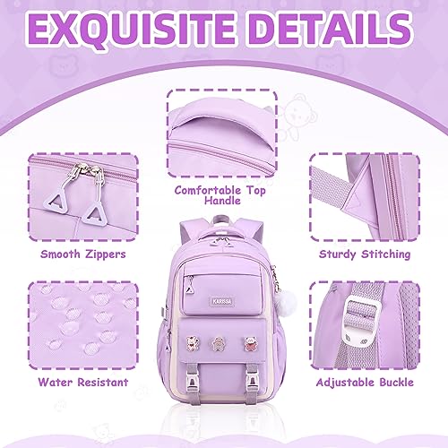 Girls Backpack, 3pcs Sets Kids Backpack for Girls with Anti-theft Back Pocket, Lightweight School Backpacks Water Resistant Lunch Bag with Pencil case for Elementary Primary School, Purple - color: Purple 3pcs