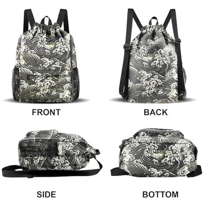 Drawstring Backpack with Mesh Pockets String Gym Bag Sackpack Sandproof Water Resistant Beach Backpack for Men Women - color: Black Waves