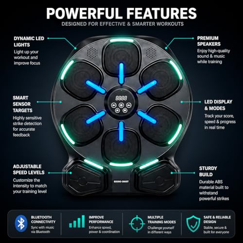 Smart LED Music Boxing Machine, Reaction Boxer Training Device with Light-Up Targets & Music, Reflex Speed Trainer for Home Workout, Adjustable Hand Grip Strengthener with Counter, Fitness Bundle