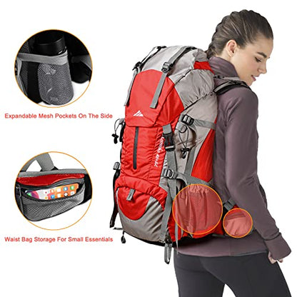 Loowoko 50L Hiking Backpack, Waterproof Camping Essentials Bag with Rain Cover, 45+5 Liter Lightweight Backpacking Back Pack - color: Red