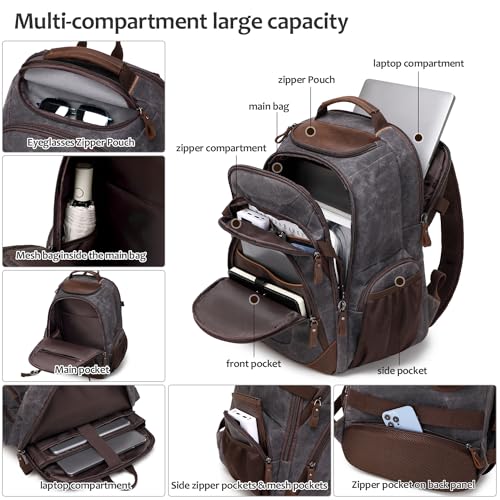 Travel Laptop Backpack 17.3 inch XL Computer Backpack for Men Waxed Canvas College Daypack Business Backpack Black Gray - color: Black Gray