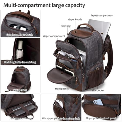 Travel Laptop Backpack 17.3 inch XL Computer Backpack for Men Waxed Canvas College Daypack Business Backpack Black Gray - color: Black Gray