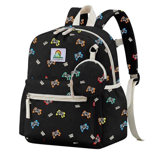 Corduroy Toddler Backpack for Boys 2-5: Gamer Kids backpack for Boys - 13.5 inch Preschool Kindergarten Backpacks with Coin Purse - color: Black-game