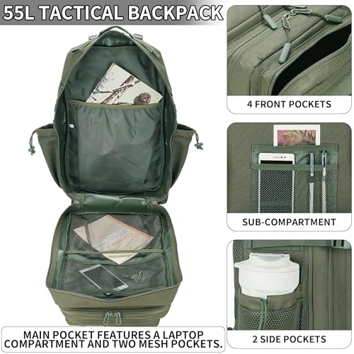 55L Tactical Backpack Heavy Duty Military Rucksack Molle Backpack 3 Day Assault Pack for Work Outdoors - color: Green