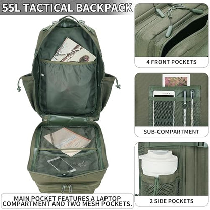 55L Tactical Backpack Heavy Duty Military Rucksack Molle Backpack 3 Day Assault Pack for Work Outdoors - color: Green