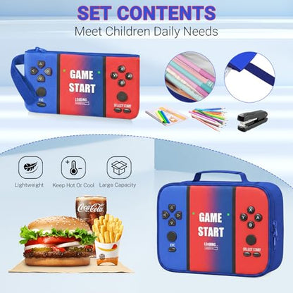 School Backpacks for Boys - 3PCS Gamer Boys Backpack with Lunch Box Set for Kids Teens, Multifunctional Bookbag for Elementary Middle School Students, 17″ Video Game Travel Bag Ages 6-18 - color: Red-blue-backpack Set