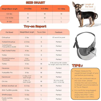 YUDODO Pet Sling Carrier for 2-5 lbs Small Dogs & Cats – Hands-Free Puppy Carrier with Safety Hook, Large Zipper Pocket, Soft Breathable Mesh, Adjustable Strap & Reflective Strip (Gray 1.0 S) - color: Gray 1.0 Basic (Zipper Pocket), size: Small (2-4.5lbs)