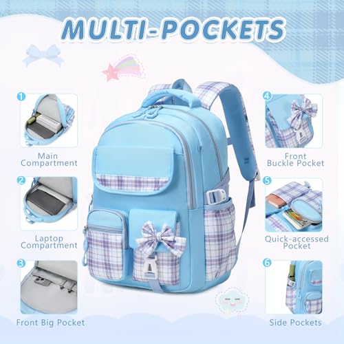 GeeWin School Backpack for Girls, Bookbags Back Pack School Bag for Teen Girl Elementary Middle School Student, Cute Stylish Plaid Girls Backpack with Matching Insulated Lunch Bag & Pencil Bag (Blue) - color: Blue