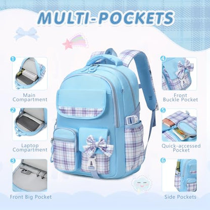GeeWin School Backpack for Girls, Bookbags Back Pack School Bag for Teen Girl Elementary Middle School Student, Cute Stylish Plaid Girls Backpack with Matching Insulated Lunch Bag & Pencil Bag (Blue) - color: Blue