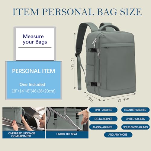 Lossga for Spirit Airlines Personal Item Bag 18x14x8 Inches Travel Bag Mens Travel Backpack for Women Fit Up to 17 inch Weekender Bags With Usb Charging Port Carry on Flight Approved - color: Green