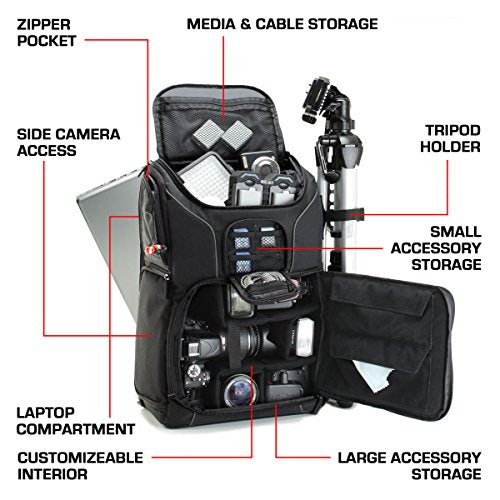 USA Gear Camera Backpack for Photographers DSLR/SLR/Mirrorless Camera Bag with Laptop Slot, Rain Cover, Tripod Holder - color: Black