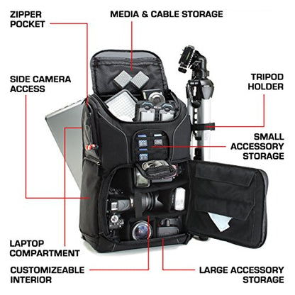USA Gear Camera Backpack for Photographers DSLR/SLR/Mirrorless Camera Bag with Laptop Slot, Rain Cover, Tripod Holder - color: Black