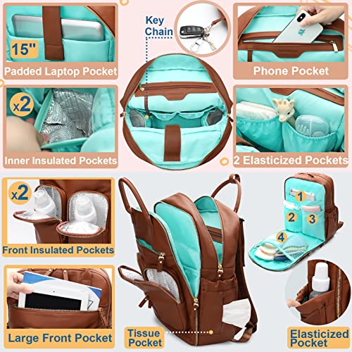 MOMINSIDE Diaper Bag Backpack, Leather Baby Bag with 18 Pockets, Diaper Backpack for Women Mom, Travel Baby Bag for Girl Boy, Large Wet Pocket, 4 Insulated Pockets, Stroller Straps, Brown - color: Brown