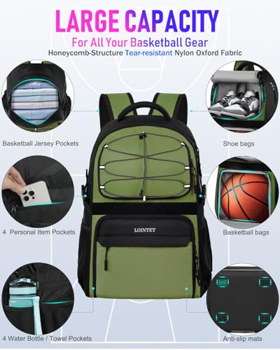 LOINTET Basketball Bag Backpack with Ball Holder Shoes Compartment, Large Basketball Accessories Sports Bag - color: Dark Green