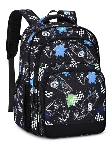 VASCHY Kids Backpacks, 12L Toddler & 17.5L School Backpacks, Lightweight Water-Resistant for Boys and Girls Ages 3-12 - color: Black & White Racer-l, size: Large