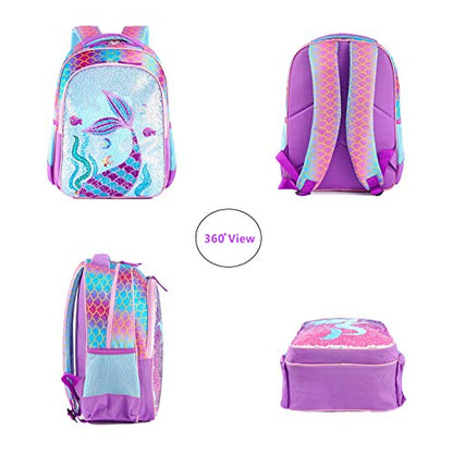 Reversible Sequin School Backpack Lightweight Little Kid Book Bag with Lunch Bag Set for Preschool Kindergarten Elementary(17", Mermaid with Lunch Bag) - size: 17"