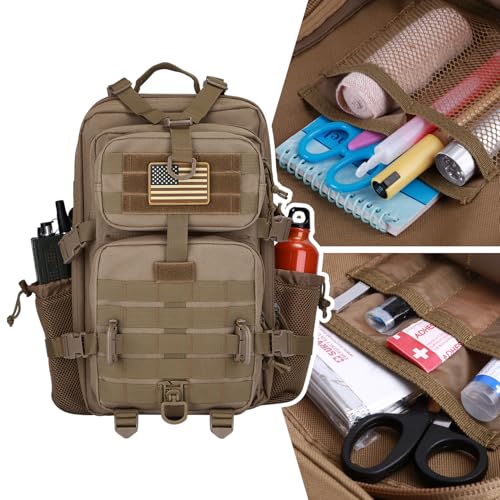 Hannibal Tactical 30L MOLLE Assault Pack, Tactical Backpack Military Army Camping Rucksack with Bottle Holder, 3-Day Pack, Khaki - color: Khaki, size: 30L