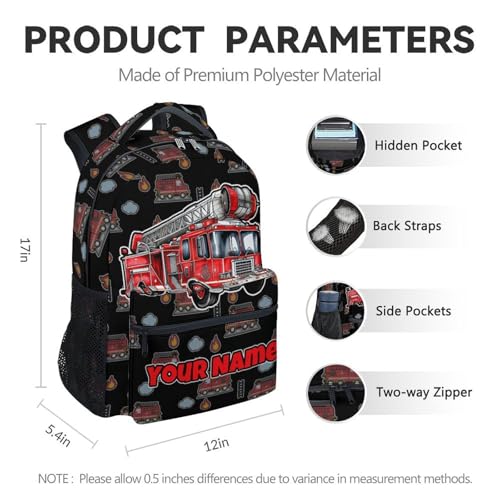 Personalized Truck Backpack for Kids Toddler - 17 Inch Boys Fire Truck School Backpacks, Cool Adjustable Lightweight Kids Bookbag for Travel - color: Red