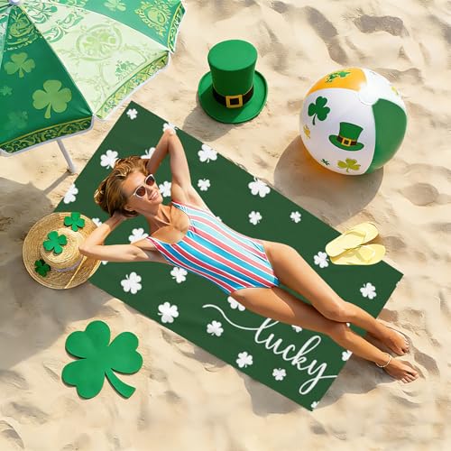 Saint Patrick's Day Lucky Clover Beach Towel, Green Shamrock Lightweight Bath Towels, Quick Dry Absorbent Microfiber Swim Yoga Pool Beach Accessories, 30x60 Inch/ 77X153cm - color: Lucky Clover
