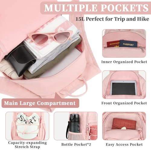 ZOMFELT Hiking Backpack for Women Men, 15L Lightweight Packable Backpack for Trip, Water Resistant Small Travel Backpacks, Foldable daypack for Hiking, Walking, Cycling, Camping, Pink - color: Pink