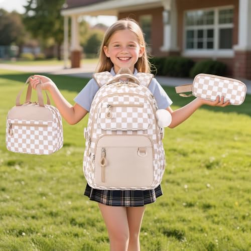 Bevalsa Backpack for Girls 3PCS Teen Girls Backpack for School with Lunch Bag Pencil Case Khaki Cute Kids Laptop Backpacks Bookbag for Elementary Middle High School College Student (Checkerboard) - color: Khaki Checkerboard