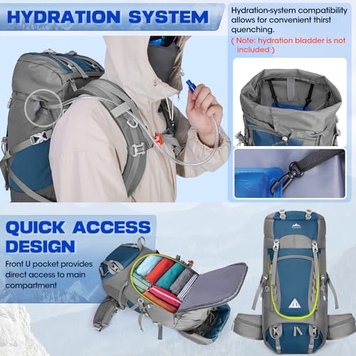 IGOLUMON 60L Hiking Backpack Waterproof Camping Backpack with Rain Cover Large Lightweight Backpacking Backpack for Men Women - color: Blue