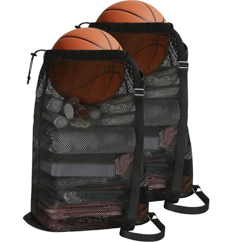 NATURAL STYLE 2 Packs Swim Bag Mesh Drawstring Backpack Oversized 18" x 26", Large Mesh Drawstring Backpack - color: Black