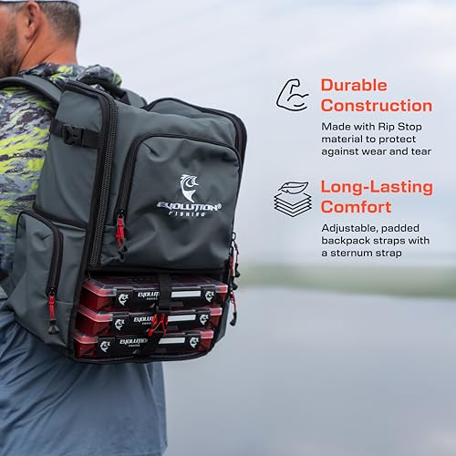 Evolution Fishing Largemouth 3.0 Tackle Backpack - Patent Pending Modular Dividers, Rod Holders, Heavy Duty Fishing Backpack, Includes Quiklatch Tackle Trays