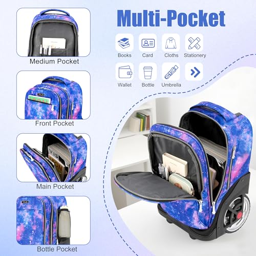 NEW TILAMI 19 Inch Rolling Backpack with Lunch Bag for Girls Boys Wheeled Laptop Backpack Durable Carry-on Bag School Travel, Star Violet - color: Purple Star Violet