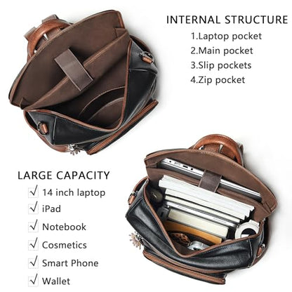 Shrrie Vegan Leather Laptop Backpack for Women 15.6 inch Work Backpack Fashion Travel Backpack Purse for Business College - color: Black With Brown