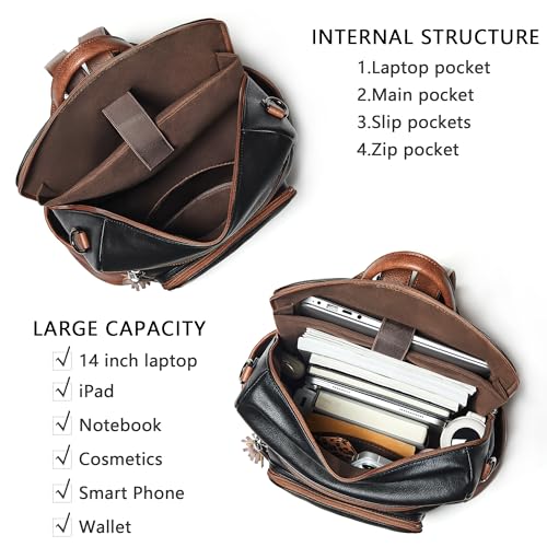 Shrrie Vegan Leather Laptop Backpack for Women 15.6 inch Work Backpack Fashion Travel Backpack Purse for Business College - color: Black With Brown