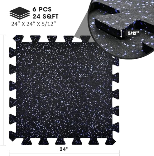 Yes4All Heavy Duty 100% High Density Rubber Floor Tiles Interlocking Mat- 6 Pcs 24 SQFT, Black Blue - color: Blue Dot, style: 24SQFT