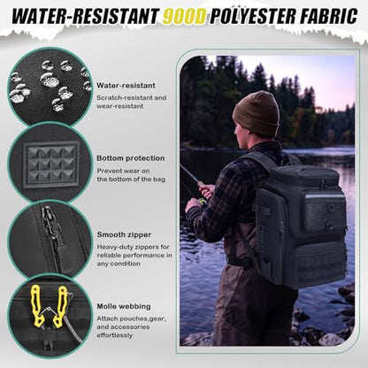 HAMBOLY Fishing Backpack 45L with Rod Holders, Water-Resistant Tackle Backpack for Fishermen, Large Capacity Fishing Gear Bag for Travel Hiking Camping - color: Black