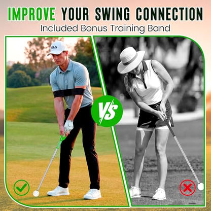 5-in-1 Golf Swing Trainer for Right-Handed Golfers with Click Feedback, Retractable Training Aid, Grip Trainer & Arm Band, Improve Tempo & Swing Path, Indoor Outdoor Practice - color: Green