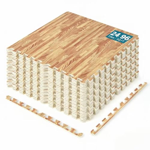 Happygrill 96 Sq. Ft. Interlocking Foam Floor Tiles, 24 PCS 2/5 Thick Wood Grain EVA Foam Mat w/48 Borders, 24” x 24” Puzzle Exercise Mat Gym Flooring for Home Gym Apartment Basement Play Room Yoga