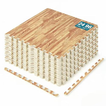 Happygrill 96 Sq. Ft. Interlocking Foam Floor Tiles, 24 PCS 2/5 Thick Wood Grain EVA Foam Mat w/48 Borders, 24” x 24” Puzzle Exercise Mat Gym Flooring for Home Gym Apartment Basement Play Room Yoga