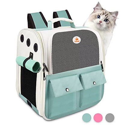 Top tasta Cat Backpack Carrier, Airline Approved, Ventilated Design, Breathable Mesh for Small Cats and Dogs for Hiking and Camping, Carry Up to 15 Pounds (Light Blue) - size: 15.0"L x 11.0"W x 15.0"H - Mesh Blue