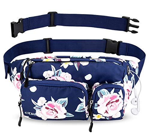 CXWMZY Fanny Packs For Women & Men, Waist Bag Hip Bum Bag Strap Extension Large Capacity Easy Carry Any Phone Passport Wallet for Outdoors Workout Traveling Casual Running Hiking Cycling Dog Walking - color: Blue Base Floral