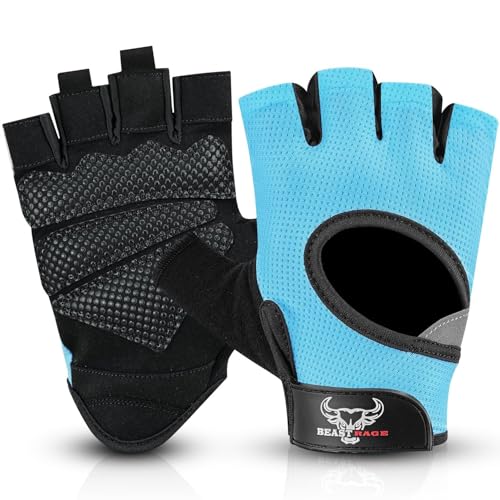 BEAST RAGE Fingerless Weight Lifting Gloves with Palm Protection Padding, Breathable Lightweight Gym Gloves for Men, Women, Weightlifting, Cycling, Exercise, Training Pull Up - color: Aqua, size: Large