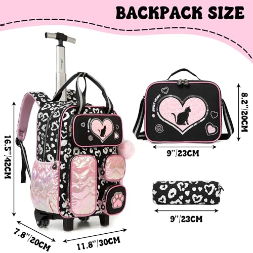 Cute Cat Rolling Backpack with Wheels for Elementary Kindergarten Students Kids Travel Luggage Black Carry on Backpack for Girls Ages 6-8 - color: A Black Cat