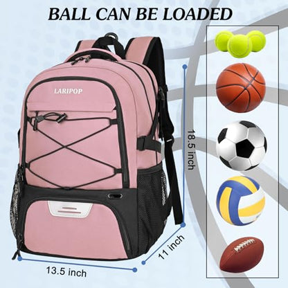 LARIPOP Basketball Backpack Large Basketball Bag with Ball Holder & Shoe Compartment for Adults Men Women - color: Flesh Pink