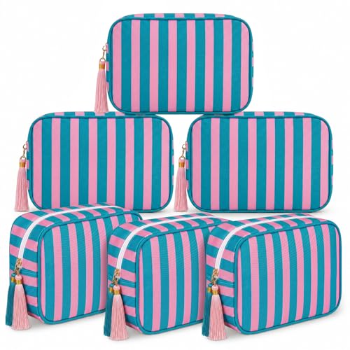 Kacctyen 6 Pack Blue and Pink Striped Makeup Bag bulk with Tassel Travel Cosmetic Pouch Organizer Large Zipper Toiletry Case for Women Aesthetic Storage Pouch Mahjong Tile Bag - color: Blue and Pink