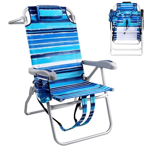 PRETZI Backpack Beach Chairs for Adults - Folding Heavy Duty High Camping Chair with Storage Pouch, Cup Holder & Towel Rack, Adjustable Lounge Chair for Outdoor,Travel (1pack /High Back Blue Strap) - color: High Back Blue Strap, size: 1 pack