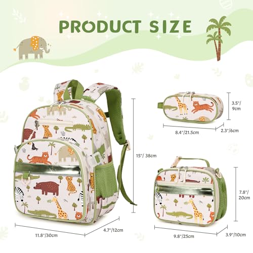 3PCS Boys Backpack Ages 5-8 with Lunch Bag & Pencil Case, Toddler School Backpack for Kids Boys - 15inch Backpack Boy Bookbag for Preschool Kindergarten Elementary School - color: Zoo