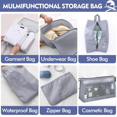8 Set Packing Cubes for Suitcases, INVODA Travel Luggage Packing Organizers with Laundry Bag, Compression Storage Shoe Bag, Clothing Underwear Bag (Grey) - color: Grey